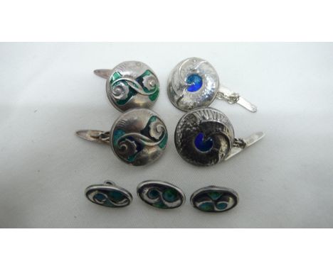 Archibald Knox for Liberty &amp; Co - two pairs of Cymric cuff links and three silver and enamel buttons, Birmingham 1901, 19