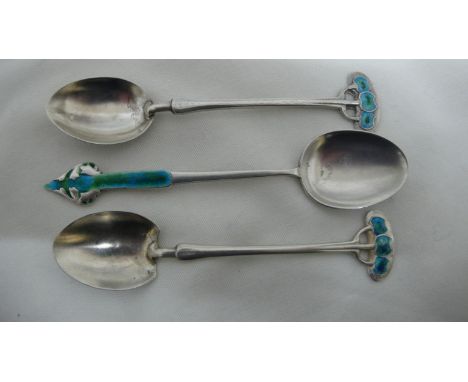 Archibald Knox for Liberty &amp; Co - silver and blue green enamel coffee spoons with flower decoration to tops, Birmingham 1