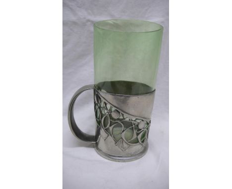 Archibald Knox for Liberty &amp; Co. English Pewter hot milk holder having a green enamel glass liner made by James Powell &a