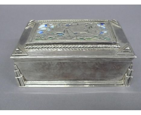 Omar Ramsden - heavy silver and enamel rectangular box with stepped triangular decoration to corners, panel to top of open wo