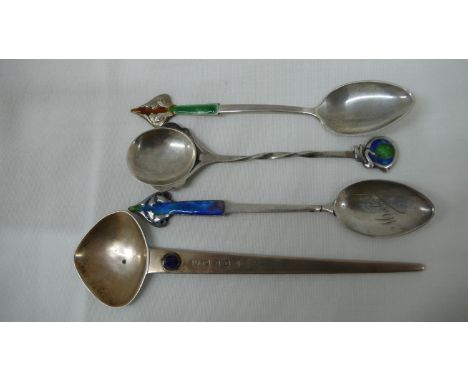 Four Liberty &amp; Co silver and enamel and blue stone inset novelty spoons, some Cymric 