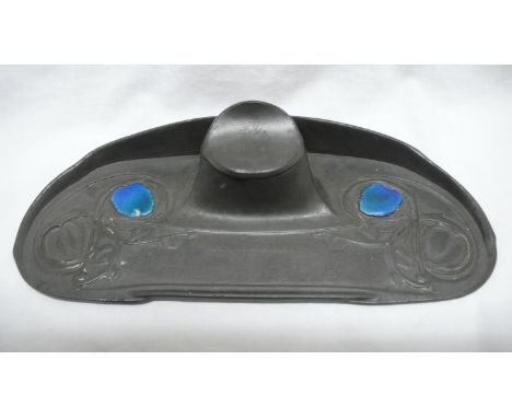 Archibald Knox for Liberty &amp; Co. Tudric Pewter and blue enamel ink well and pen tray, Honesty design, circa 1902-1905, No