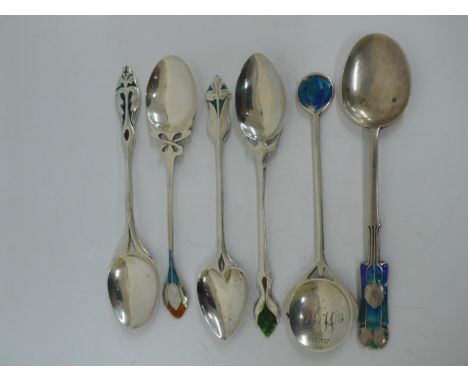 Six Archibald Knox inspired design silver and enamel novelty spoons maker William Hair Haseler Birmingham 1904,07,10 &amp; 19