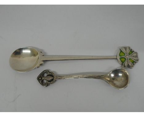 Liberty &amp; Co silver spoon with green yellow enamel with shamrock decoration to top, length 11cms plus a salt spoon Birmin