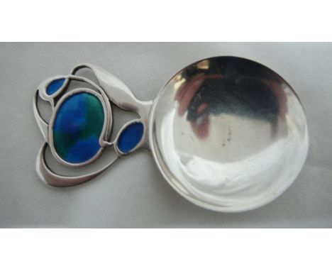 Archibald Knox design for Liberty &amp; Co - silver and blue green enamel caddy spoon, Edinburgh 1943, length 7.5 cms 
