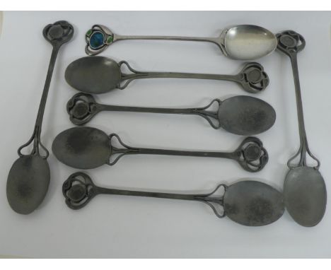 Archibald Knox for Liberty &amp; Co silver teaspoon with blue/green enamel to top plus a set of six pewter spoons Birmingham 