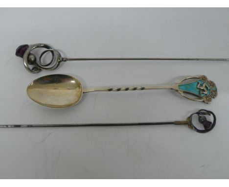 Charles Horner silver and amethyst coloured stone hat pins Chester 1912 and 1913 plus a silver and turquoise enamel teaspoon 