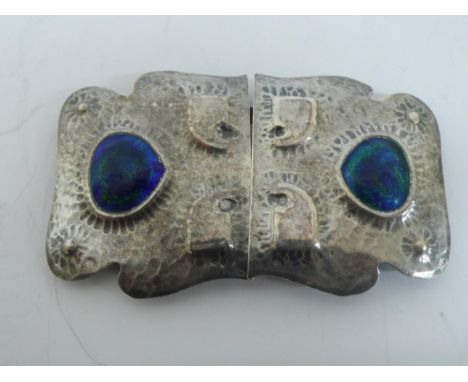 Liberty &amp; Co inspired designer silver blue and green enamel belt buckle maker William Hair Haseler Birmingham 1909 7.5 X 