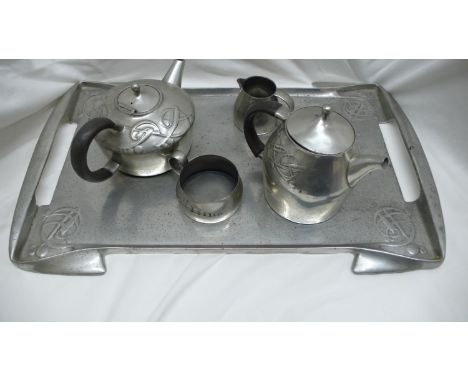 Archibald Knox for Liberty &amp; Co - Tudric Pewter five-piece tea service with tray having stylized stem &amp; berry decorat