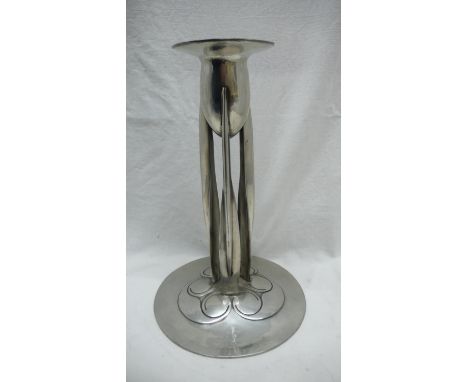 Liberty &amp; Co. English Pewter Tri-Stem Candlestick with decoration of mushrooms to base, No. 0223, Ht. 23 cms 
