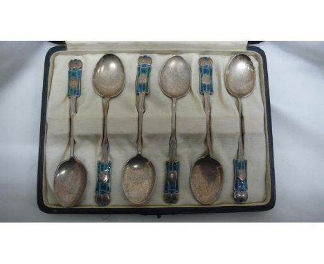 Archibald Knox for Liberty &amp; Co - set of silver and blue green enamel teaspoons with Medea pattern decoration to tops in 