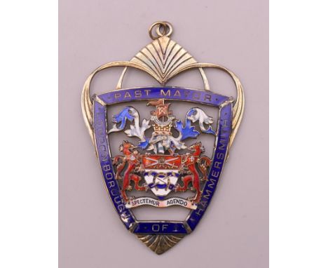 A boxed silver and enamel Past Mayor London Borough of Hammersmith pendant by Garrard &amp; Co. 6.5 cm high.