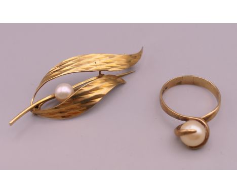 A 9 ct gold pearl brooch and ring. Ring size P/Q. 7 grammes total weight.