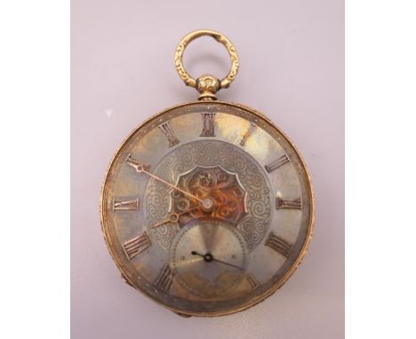 An 18 K gold cased pocket watch. 4.5 cm diameter. 52.7 grammes total weight.