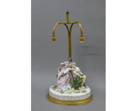 A 19th century Continental porcelain figural group mounted as a lamp. 49 cm high.