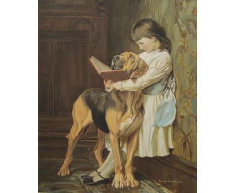 SONIA SUMMERS, A Girl with a Book and a Dog, oil on board, framed; together with an oleograph of Girls at a Piano, unframed. 