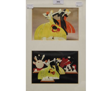 Two prints of Clarice Cliff figures, housed in a common frame and glazed. 34 x 44.5 cm overall.