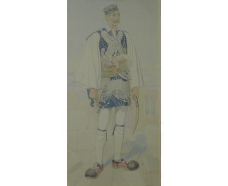 A full length portrait of a Greek Man in Traditional Dress by Sperling, print, framed and glazed. 19 x 36.5 cm.