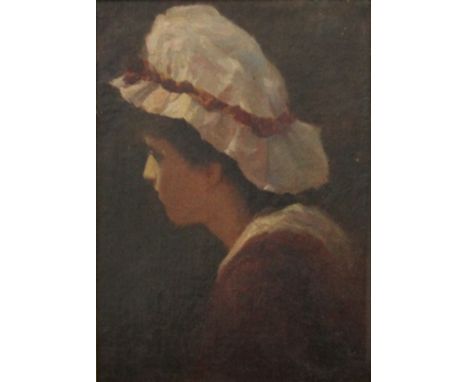 A Portrait of a Girl Wearing a Bonnet, oil on canvas laid down, indistinctly signed George Clausen??, framed. 19.5 x 27 cm.
