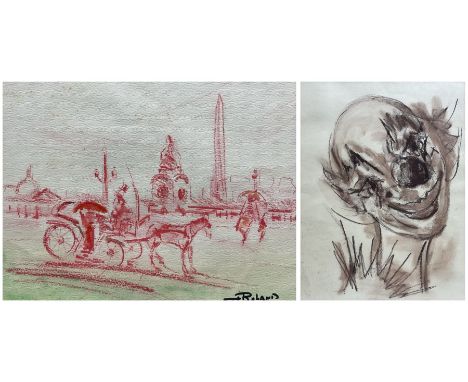 Henry Roland (Belgian 1919-2000): Portrait of a Clown and Horse Drawn Carriage, two mixed media signed, the former extensivel