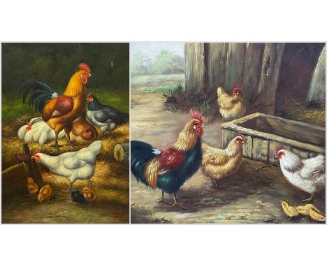 English School (Early 20th Century): Chickens Feeding, pair oil on board one signed 'H Hopper' the other indistinctly signed,