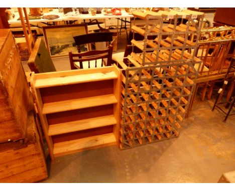 Forty eight bottle wood and metal wine rack plus another twelve bottle wine rack and a pine shelf unit