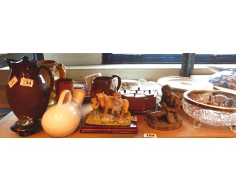 Shelf of mixed pottery, glassware including a bed bottle, stoneware Victorian coffee pot, cast girl and boy with pony figure 