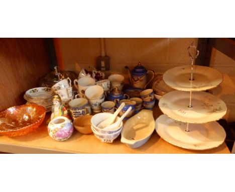 Shelf of mixed ceramics and glass including cake stand, Oriental tea set, Charles D1 commemorative cups etc