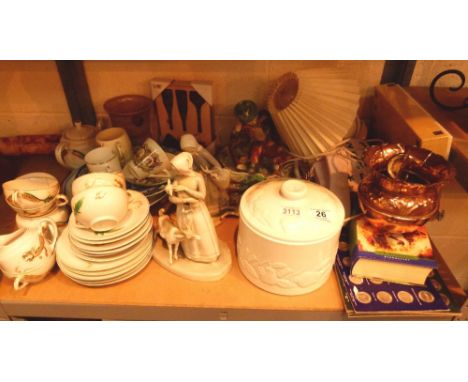 Shelf of mixed items including lamp, telephone, Harry Potter book, tea sets etc