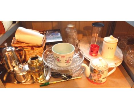 Shelf of mixed items including platters, glass, stainless steel tea set and tray, videos, picture frames, tea pot etc