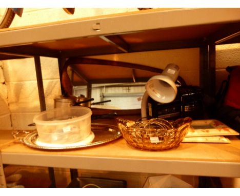 Shelf of mixed items including mirror, tray, radio, spotlight etc 