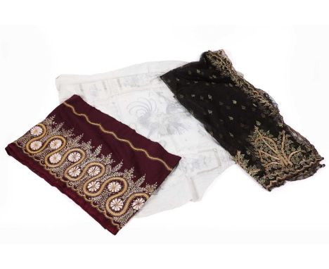 A 19th Century Indian beetle-wing and lace shawl, decoratively embroidered with couched goldwork and applique elytra in depic