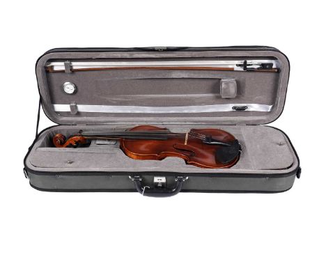 An Eastman Strings 'The Westbury' antiqued violin, cased with bow, the matched veneer fiddle back 37cms long; together with a