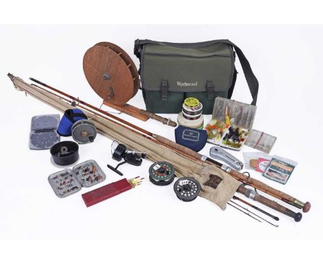 A selection of fishing tackle, to include: a two-piece split cane rod, signed R.M. Tomlinson 1966; a Hardy ‘Palakona’ three-p