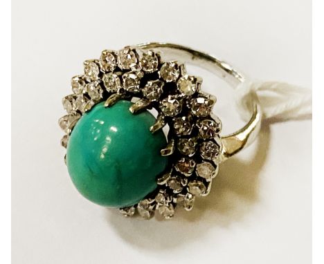 18CT WHITE GOLD DIAMOND &amp; TURQUOISE RING - SIZE M