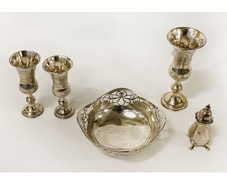 H/M SILVER BOWL WITH 3 H/M SILVER GOBLETS AND A CRUET - 286 GRAMS APPROX