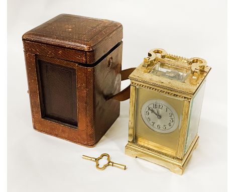 BRASS FRENCH CARRIAGE CLOCK CIRCA 1890 WITH STRIKING MOVEMENT WORKING WITH ORIGINAL CASE - 15.5CMS APPROX