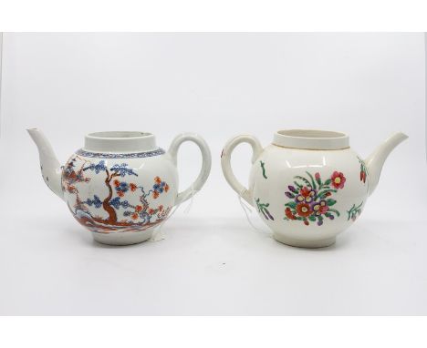 An English porcelain cannonball teapot, painted with floral sprays, circa 1760, unmarked, lacking lid along with a Worcester 