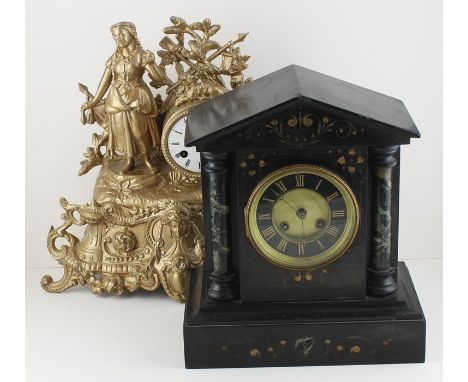 A 19th cent slate mantle clock and a 19th cent gilt spelter Mantle clock lacking glass dome