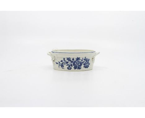 A Worcester blue and white butter tub, Three Flower pattern, circa 1770, 11 by 8 cm diameter approx. 4 cm high approx. Condit