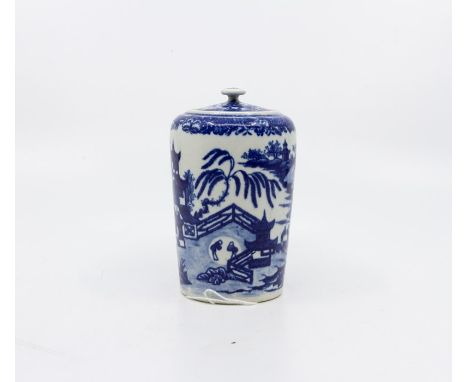 Worcester tea canister with lid, over painted Willow pattern, with disguised numeral marks to base, Height 12.5 cms, Conditio