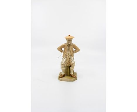 A Royal Worcester figure, 'Scotsman', circa 1880, modelled by James Hadley, in sitting pose, arms on hips, blush ivory and gi