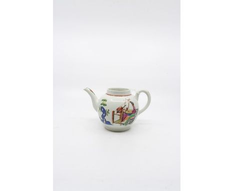 A Worcester teapot of globular form, painted in bright colours with the ‘Lady at the loom’ pattern; the lady with fanciful he
