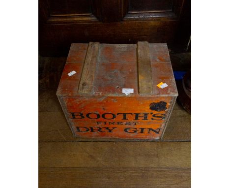 A wooden crate, Booths Finest Dry Gin and 8 Minton ceramic wine/spirit labels