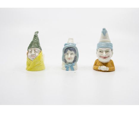 Royal Worcester candle snuffers hand-painted, 'Mrs Caudle', 'Mr Caudle' and 'Mr Punch', circa 1976 (3)