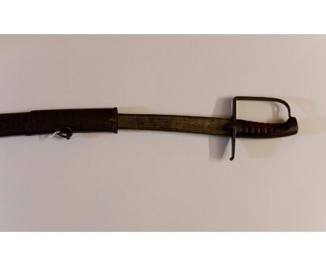 Georgian Officers Sword with 90cm long single edged fullered blade with engraved decoration to both sides. Wooden grip. No gr