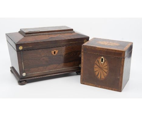 A 19th Century two compartment sarcophagus tea caddy with inlay to lid, front face and key extraction and a single compartmen