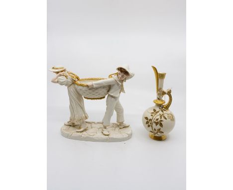 A Royal Worcester figure of a boy and girl carrying a basket over their shoulders wearing coastal outfits, approx 19 cms high