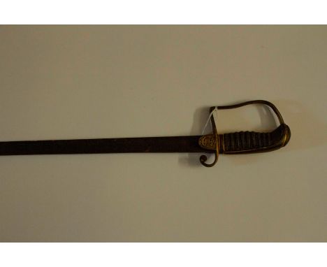 Victorian Royal Naval Officers Sword with 70cm long single edged engraved blade. Wire bound shagreen grip with fouled anchor 