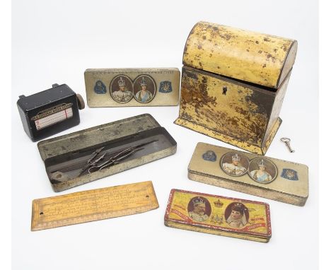 A collection of coronation 1937 boxes, cigarette cards, a Bates manufacturing Co alphabetic telephone index and a tin tea cad